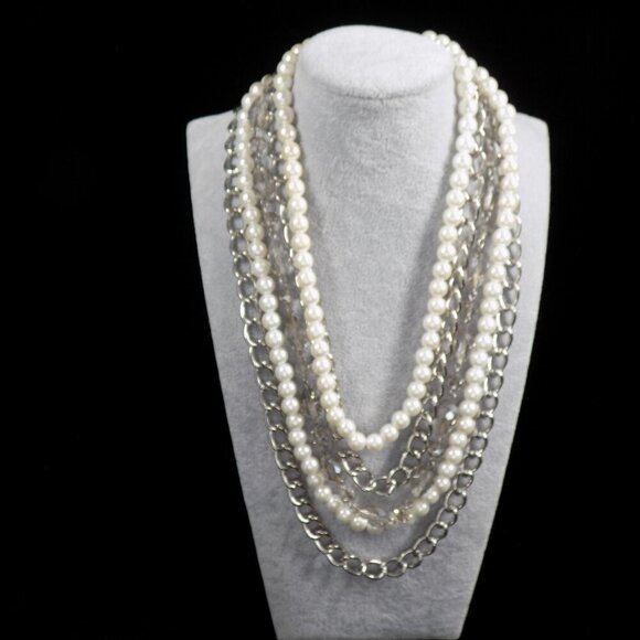 Vintage Premier Designs Faux Pearl Multi Layer Necklace Silver Tone Magnetic - Picture 4 of 10